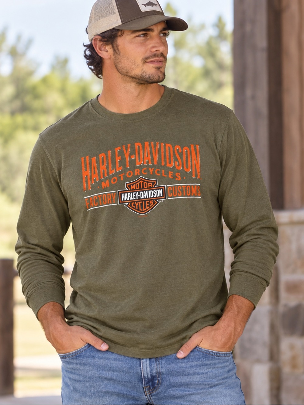 Harley-Davidson Men’s Medium Olive Green Factory Customs Long Sleeve Biker